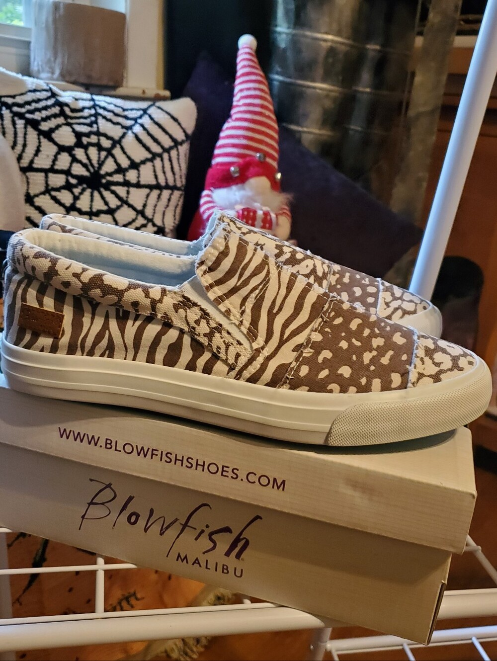 Blowfish Womens Brown and White Animal-Print Slip-On Sneakers